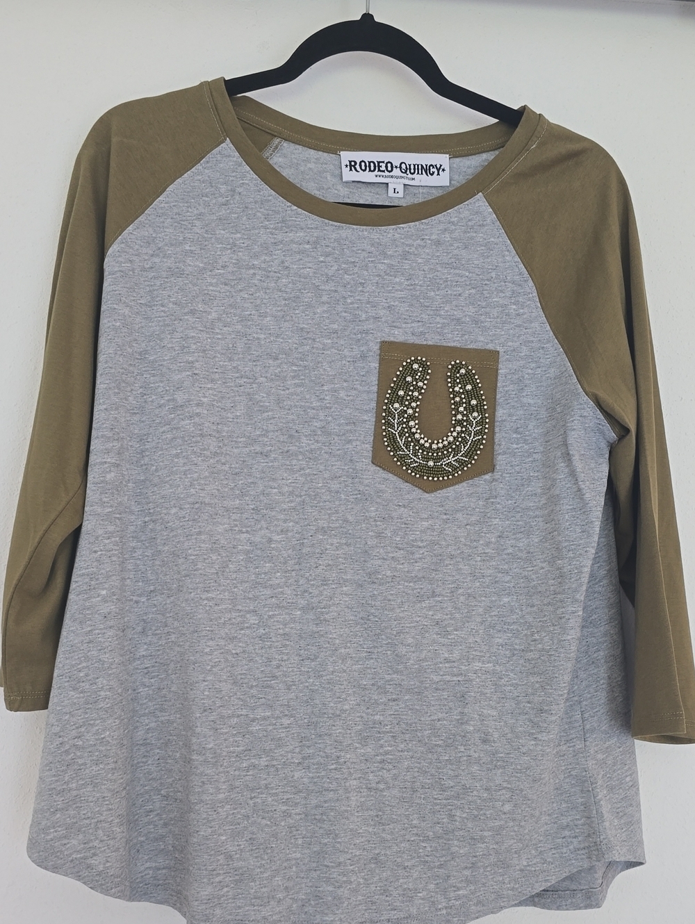 Rodeo Quincy Womens. Olive & Gray Raglan Top with Embellished Pocket